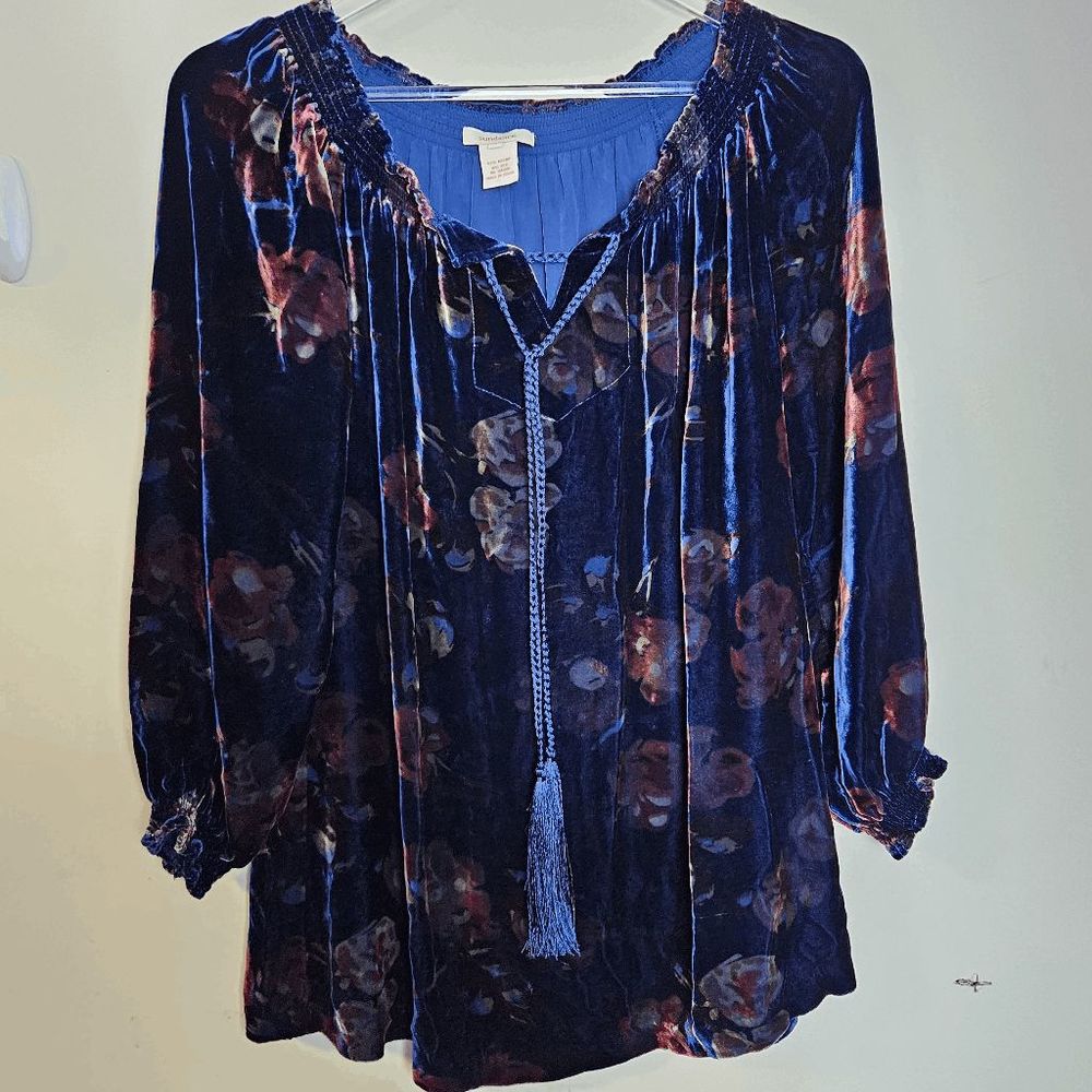 Sundance Velour Boho Peasant Tunic Velvet Blouse Womens Floral Blue Size Small